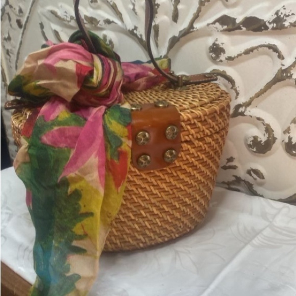 Patricia Nash Woven Basket Bag with Colorful Scarf - Picture 3 of 9